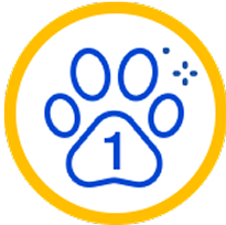 Blue paw print with the number 1 in the center and sparkles around, symbolizing one reward point, enclosed in a yellow circle.